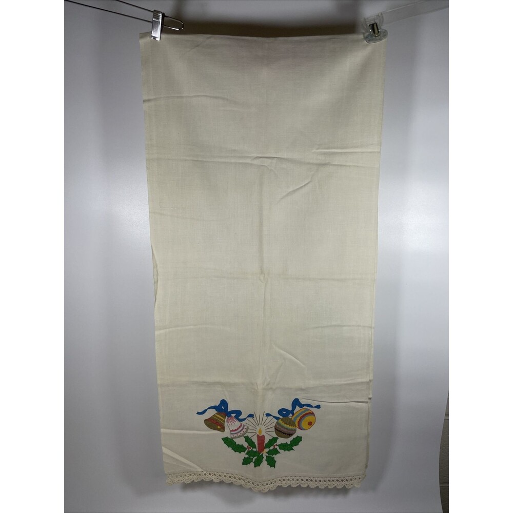 Vintage Linen Textile Runner Painted Christmas Design Crocheted Ends 18" x 70"